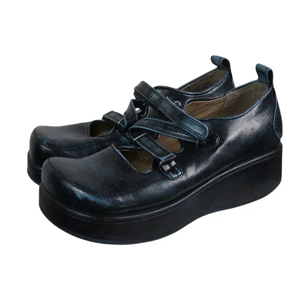 Vintage 90s Report Black Blue Mary-Jane Chunky Platform Shoes 9